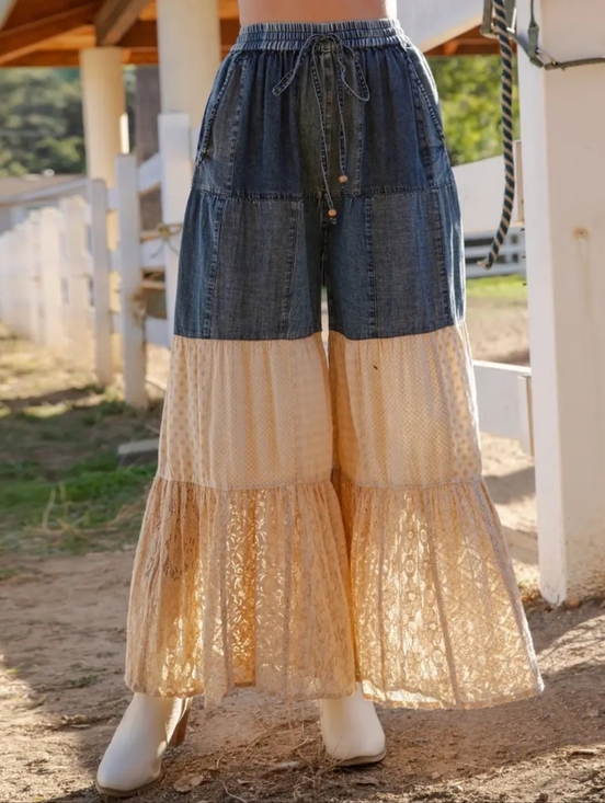 Young Threads Pants - #1494 YT S-3X Prairie Moon Denim & Lace Tiered Palazzo Pants